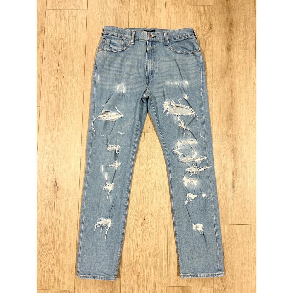 Levis Made & Crafted 502 Taper Mens 36x34 Distressed Light Wash Blue Denim Jeans
